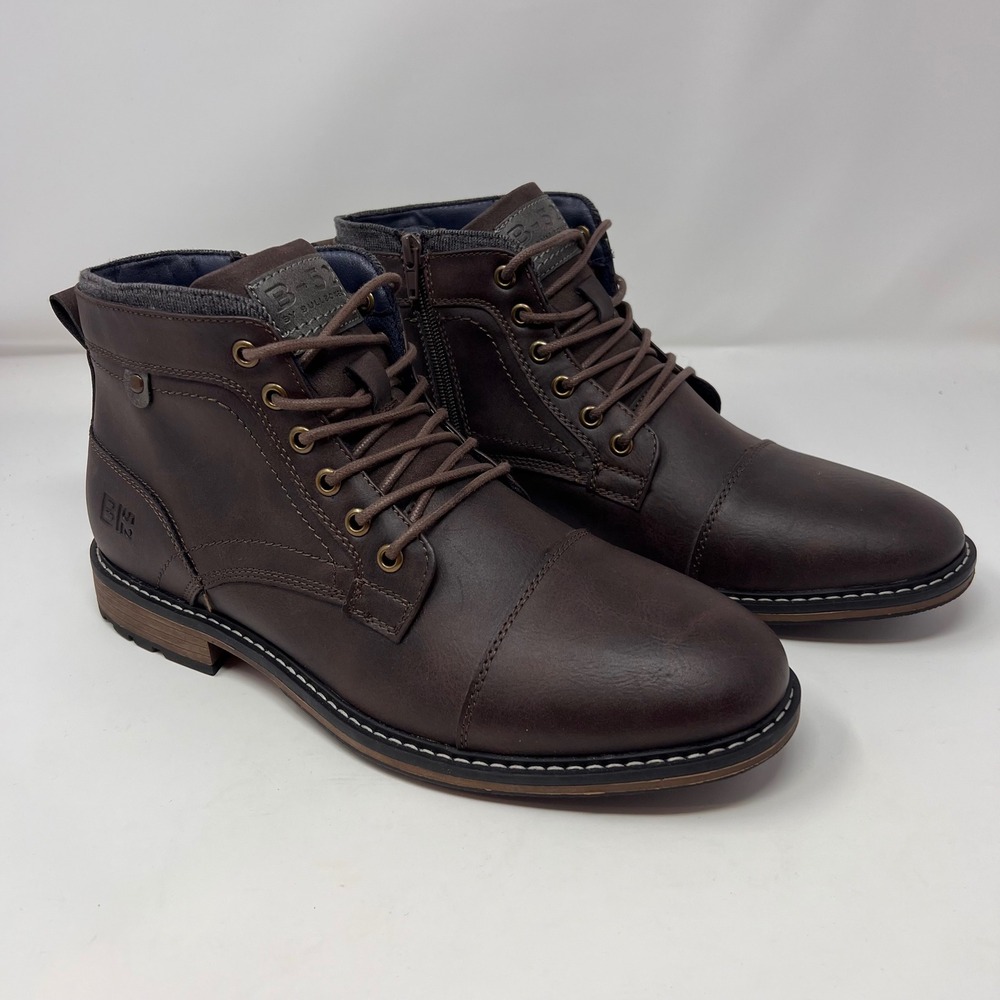 Bullboxer B-52 Ankle Boots Cap Toe Faux Leather Mens 11 Brown Side Zip NWOT